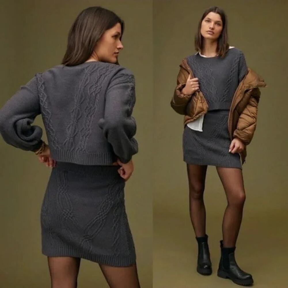 Anthropologie Cable Knot Gray Sweater Skirt Medium Winter Cozy Mini Short Warm